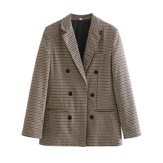Damen kariertes Blazerjacke mit doppelter Knopfreihe und idealem Schnitt R&B