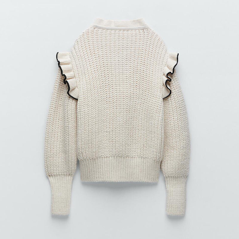 Damen Strickpullover mit eleganter Rüsche und Kapuze R&B