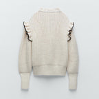 Damen Strickpullover mit eleganter Rüsche und Kapuze R&B