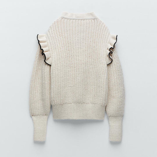 Damen Strickpullover mit eleganter Rüsche und Kapuze R&B