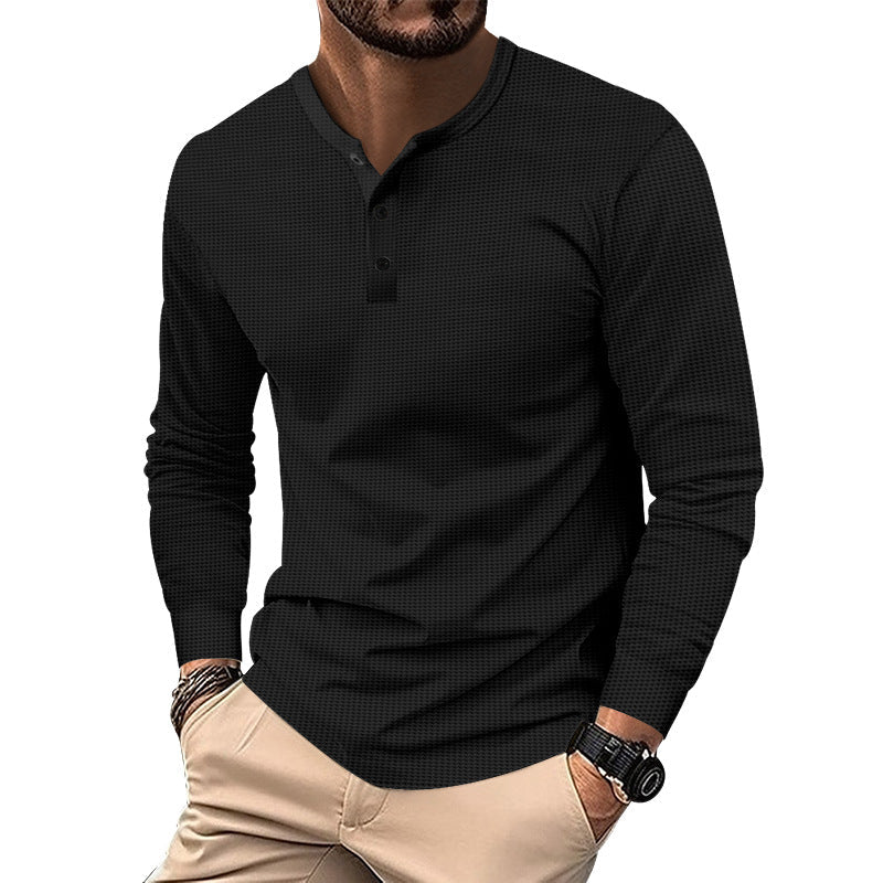 Herren Langarm-Henley-Shirt mit strukturiertem Design und dekorativen Knöpfen R&B