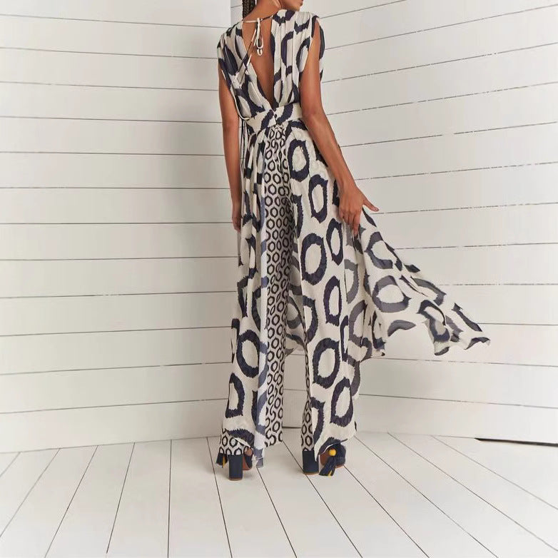 Damen Eleganter Jumpsuit mit Wickelgürtel und geometrischem Muster R&B