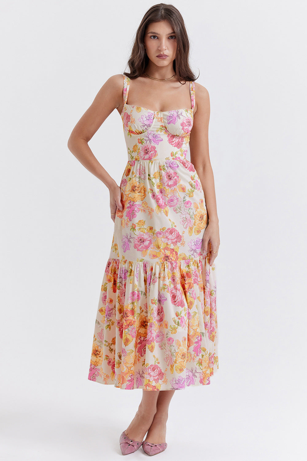 Damen Floral Maxikleid mit schulterfreiem Design und voluminösem Rock R&B