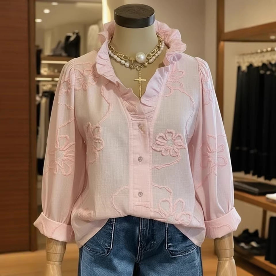 Damen elegante Bluse mit floralen Stickereien und voluminösen Ärmeln R&B