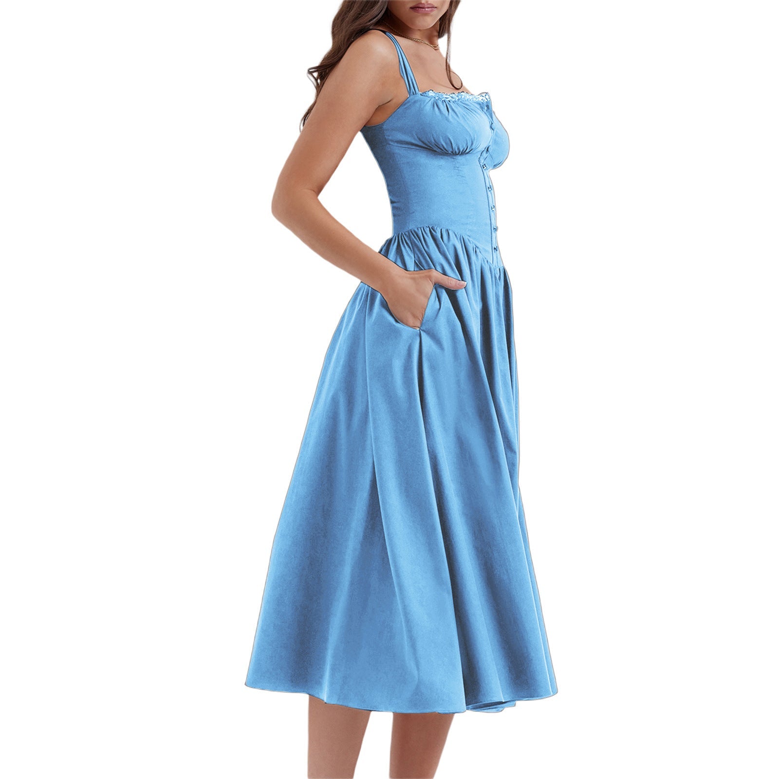 Damen Maxi-Kleid mit knöpfbarem Oberteil und schwingendem Rock R&B