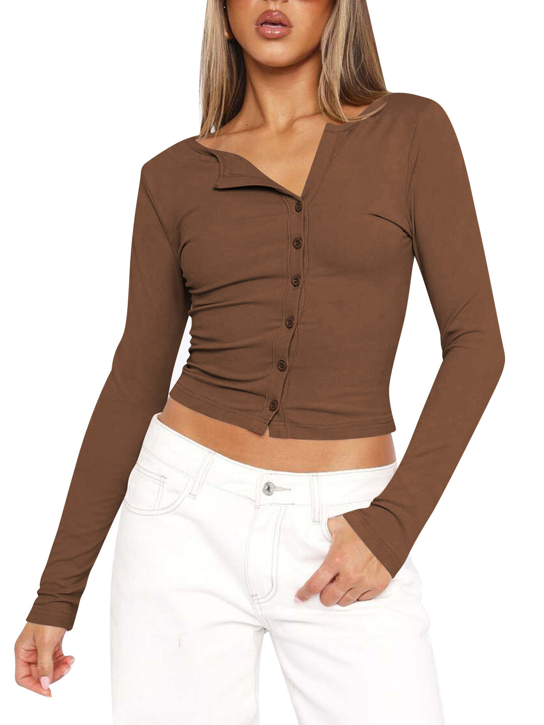 Damen figurbetontes Langarmshirt mit Knopfleiste und V-Ausschnitt R&B