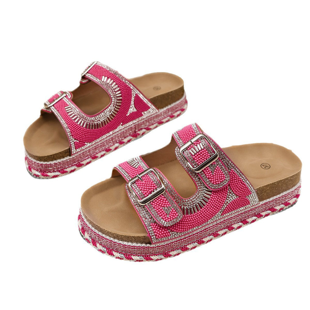 Damen Plattform-Sandalen mit dekorativen Schnallen und coolem Bastdesign R&B