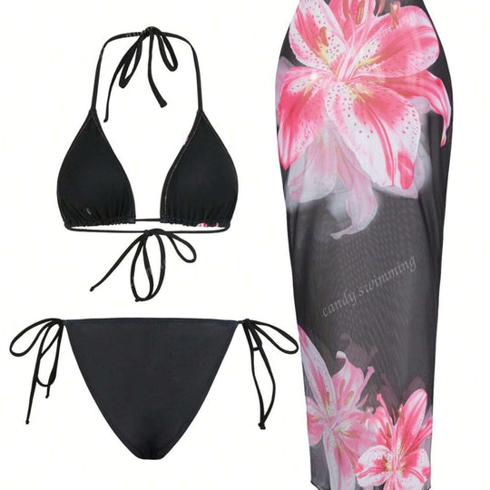 Damen Triangel-Bikini-Set mit floralen Mustern und transparentem Maxirock R&B