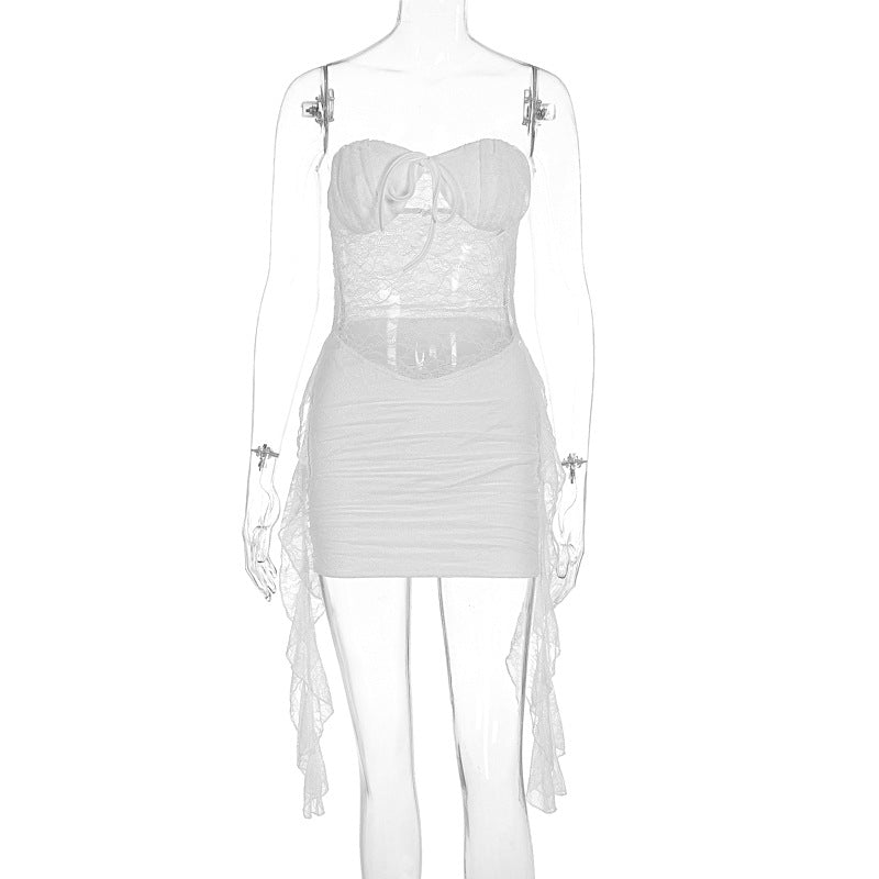 Damen sexy Minikleid mit Spitzenoberteil und verspieltem Saum R&B