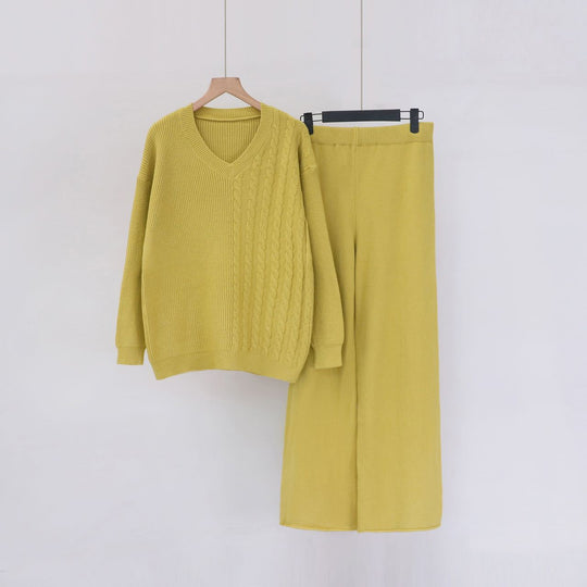 Damen Kuscheliges Strickensemble mit V-Ausschnitt und weitem Bein R&B