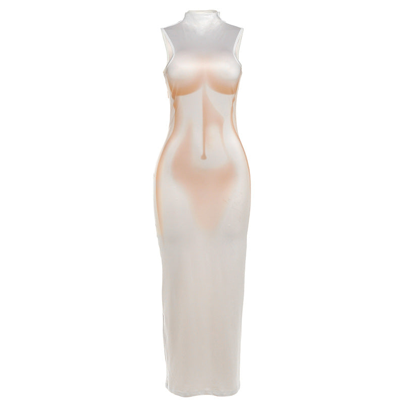 Damen Elegantes, figurbetontes Abendkleid mit hohem Kragen und transparentem Stoff R&B