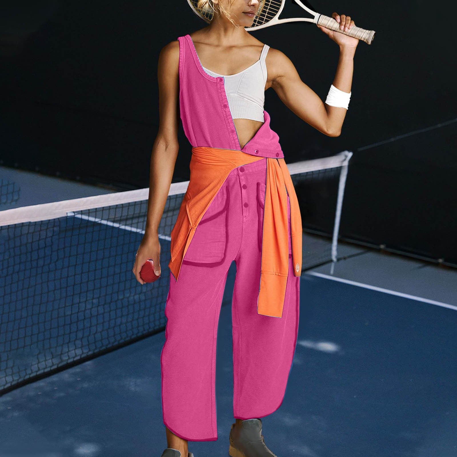 Damen sportlicher Jumpsuit mit asymmetrischem Schnitt und praktischem Knopfdetail R&B