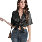 Damen kurzärmelige Bluse mit elegantem Knoten und glänzender Satin-Optik R&B