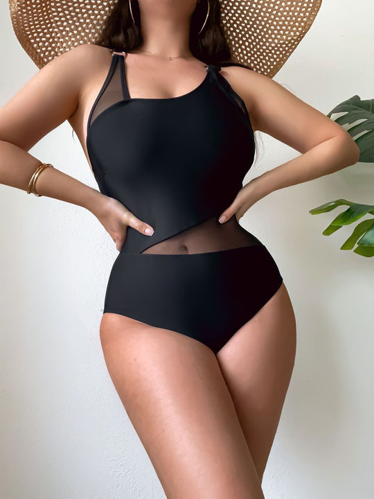 Damen Einteiliger Badeanzug mit transparenten Einsätzen und asymmetrischem Design R&B