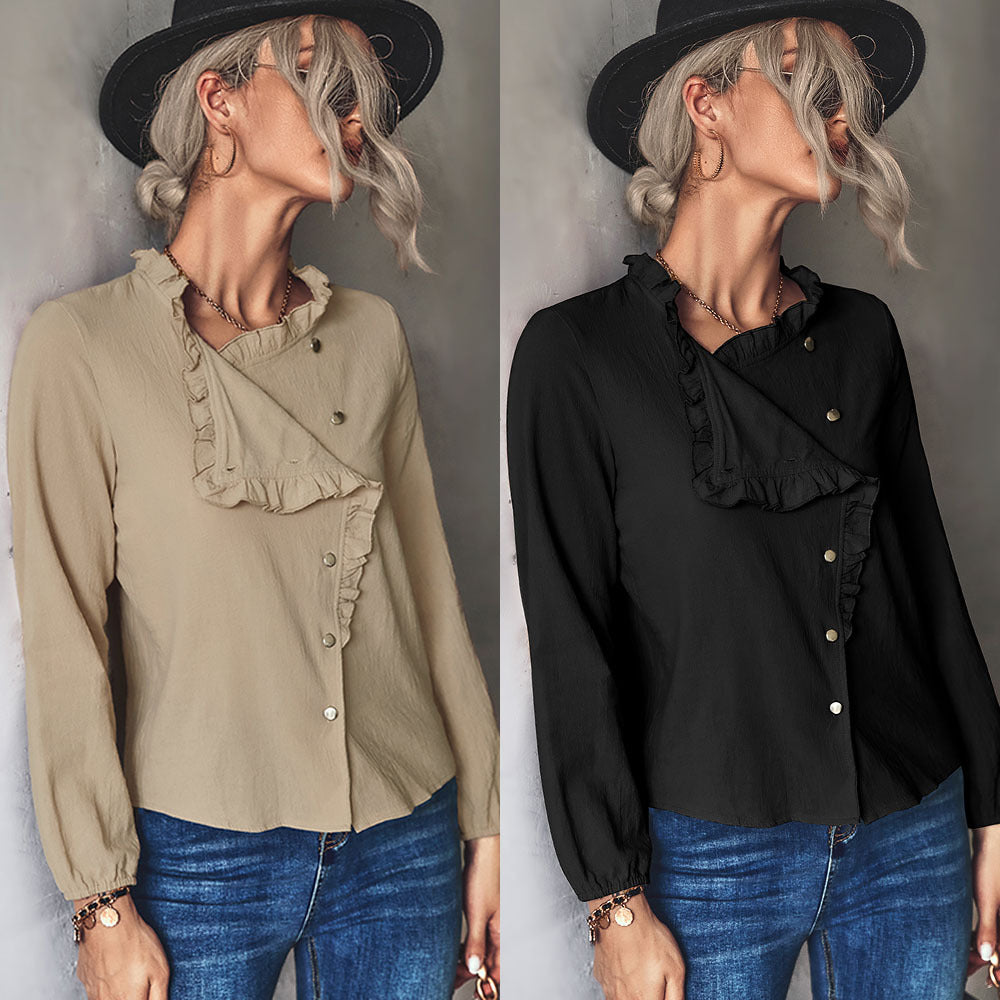 Damen Bluse mit Rüschendetails und dekorativer Knopfleiste R&B