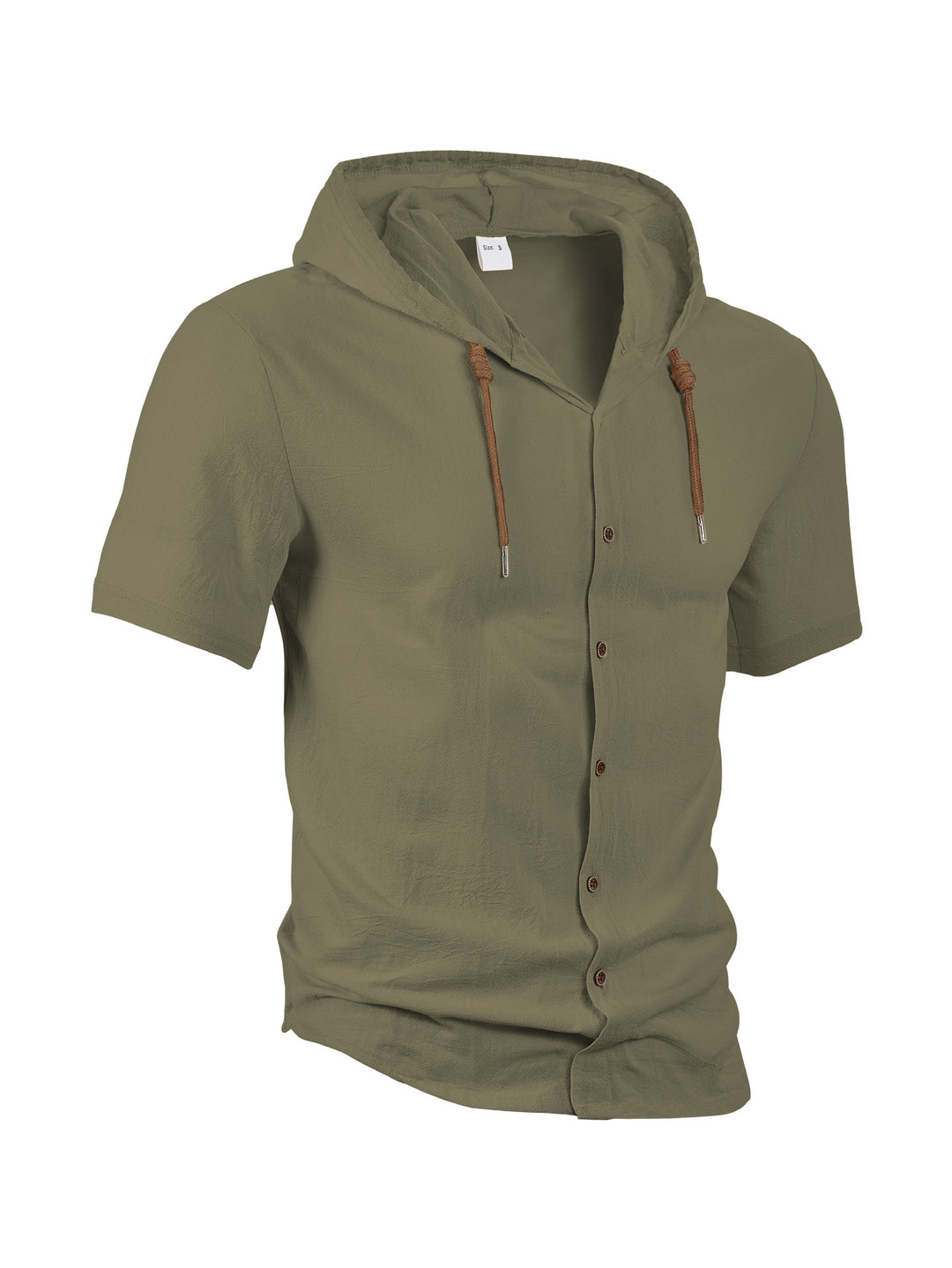 Herren nan tailliertes Kurzarm-Kapuzenshirt in Struktur-Leinenoptik mit Holzoptikknöpfen und Kordel R&B