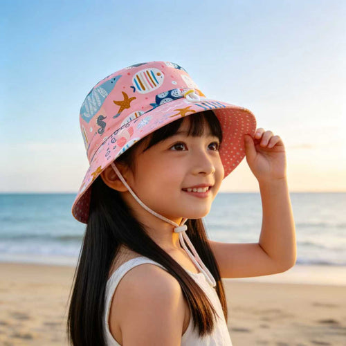 Unisex nan Kinder-Sonnenhut mit Wendemotiv, Kinnband und hohem UV-Schutz  R&B