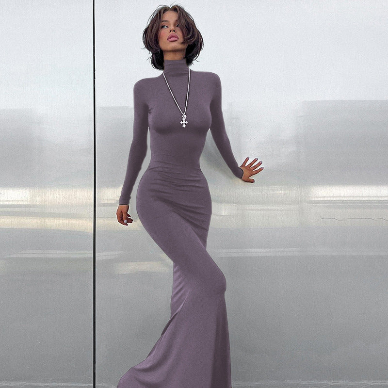 Damen elegantes Maxikleid mit figurbetonter Silhouette und hohem Kragen R&B