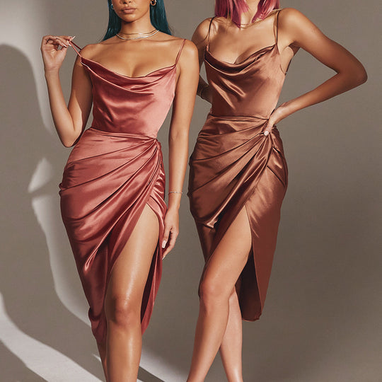 Damen elegantes Wickelkleid mit tiefem V-Ausschnitt und asymmetrischem Saum R&B