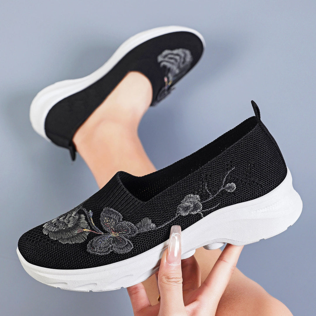 Damen Slip-On Sneakers mit floralem Stickdesign und rutschfester Sohle R&B
