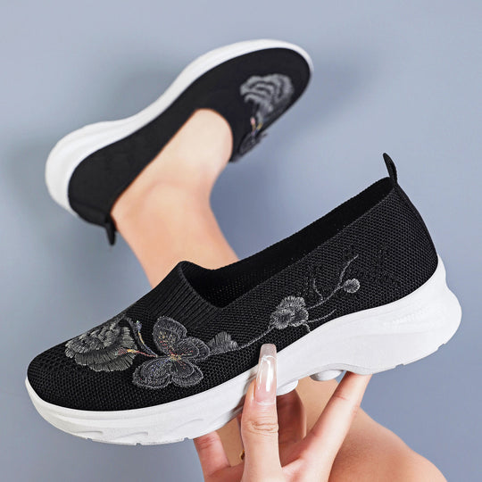 Damen Slip-On Sneakers mit floralem Stickdesign und rutschfester Sohle R&B