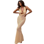 Damen Elegantes langes Spitzenkleid mit tiefem V-Ausschnitt und offenem Rücken R&B