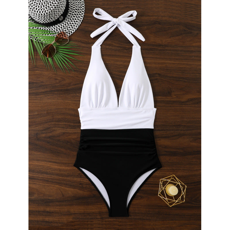 Damen Badeanzug mit tiefem V-Ausschnitt und elegantem Farbkontrast R&B