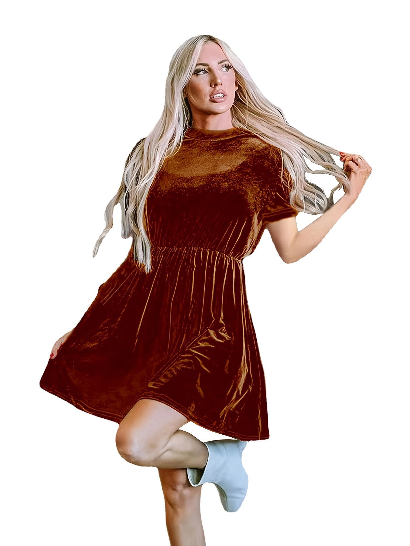 Damen Samtige Kurzarm-Kleid mit tailliertem Schnitt und A-Linien-Rock R&B