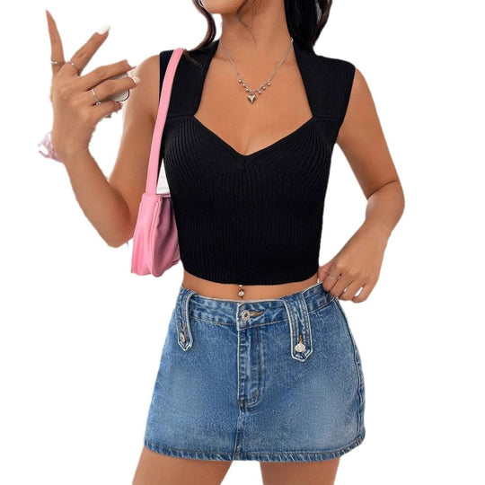 Damen figurbetontes Ripp-Crop-Top mit V-Ausschnitt und breiten Trägern R&B
