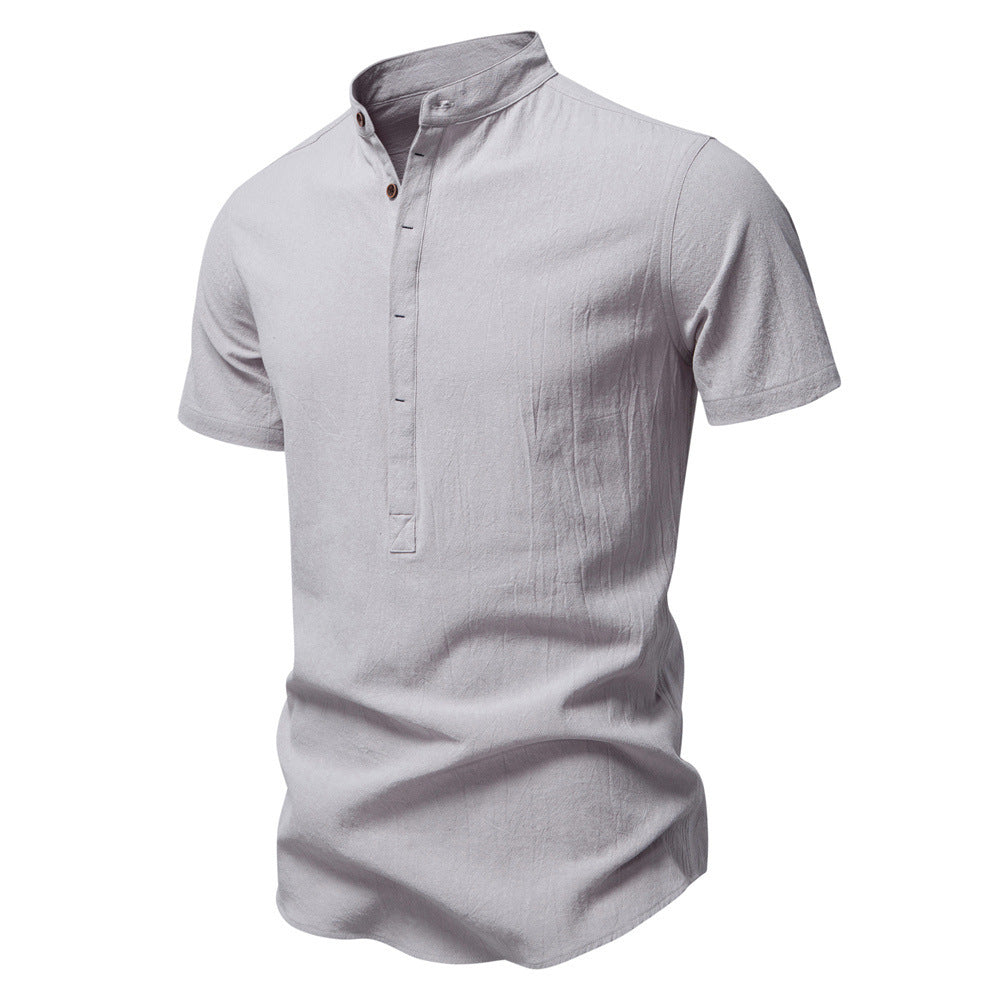 Herren nan lässiges Kurzarmshirt mit Stehkragen, halber Knopfleiste und leicht strukturierter Baumwoll-Leinen-Qualität R&B