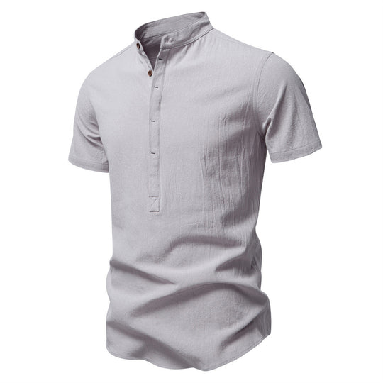 Herren nan lässiges Kurzarmshirt mit Stehkragen, halber Knopfleiste und leicht strukturierter Baumwoll-Leinen-Qualität R&B