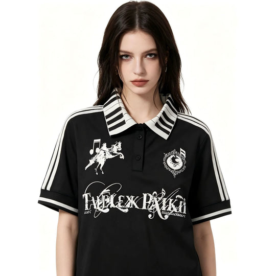 Damen Poloshirt mit kreativem Druck und Streifenmuster R&B