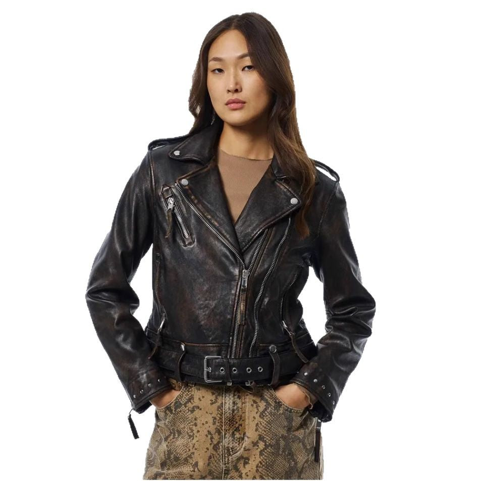 Damen Kunstleder Bikerjacke mit asymmetrischem Reißverschluss R&B
