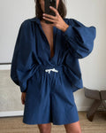 Damen lässiges Kombi-Outfit mit lockerer Bluse und Shorts R&B