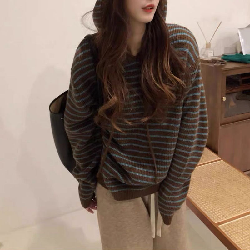 Damen Gemütlicher Kapuzenpullover mit Streifenmuster R&B