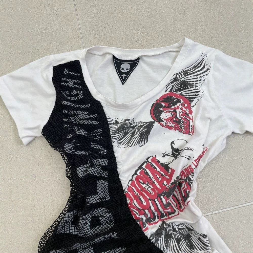 Damen lässiges T-Shirt mit einzigartigem Grafikdesign und sportlichem Mesh-Einsatz R&B