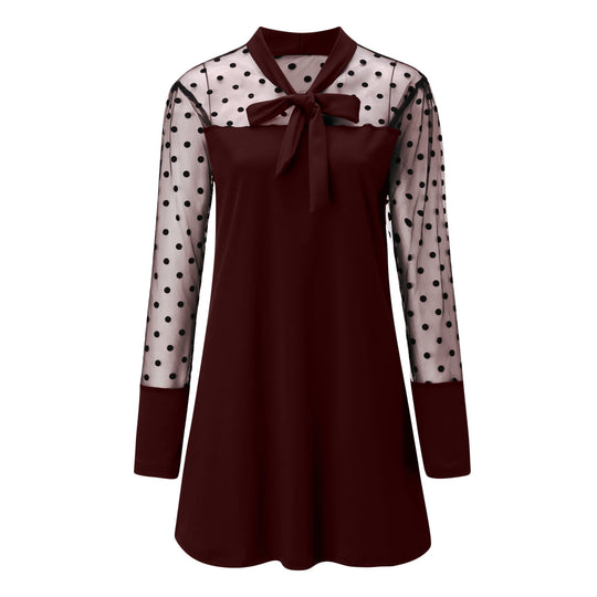 Damen Chiffonkleid mit eleganter Schleife und gepunktetem Design R&B