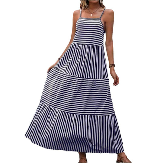 Damen Maxikleid mit schmalen Trägern und gestreiftem Design R&B