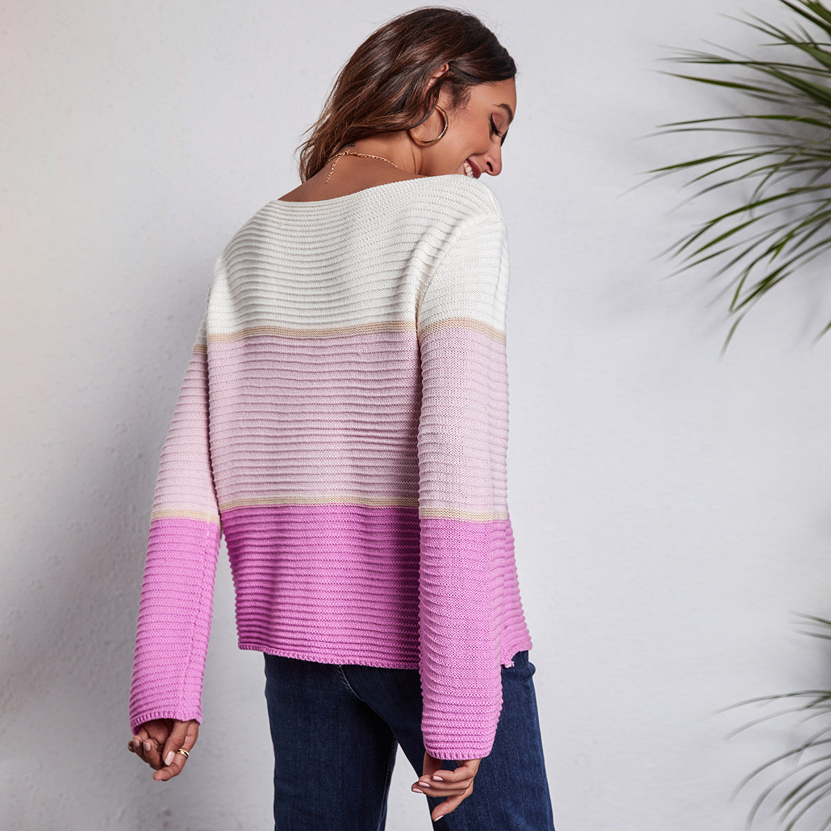 Damen Off-Shoulder Strickpullover mit modernen Farbblock-Design R&B