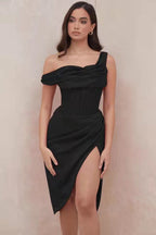 Damen Figurumspielendes Cocktailkleid mit asymmetrischem Schnitt und hohem Schlitz R&B