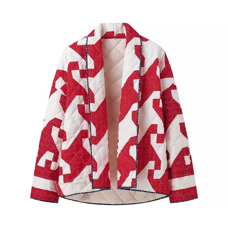 Damen gestepptes Überwurfjacke mit modernem Grafikdesign und großzügigen Taschen R&B