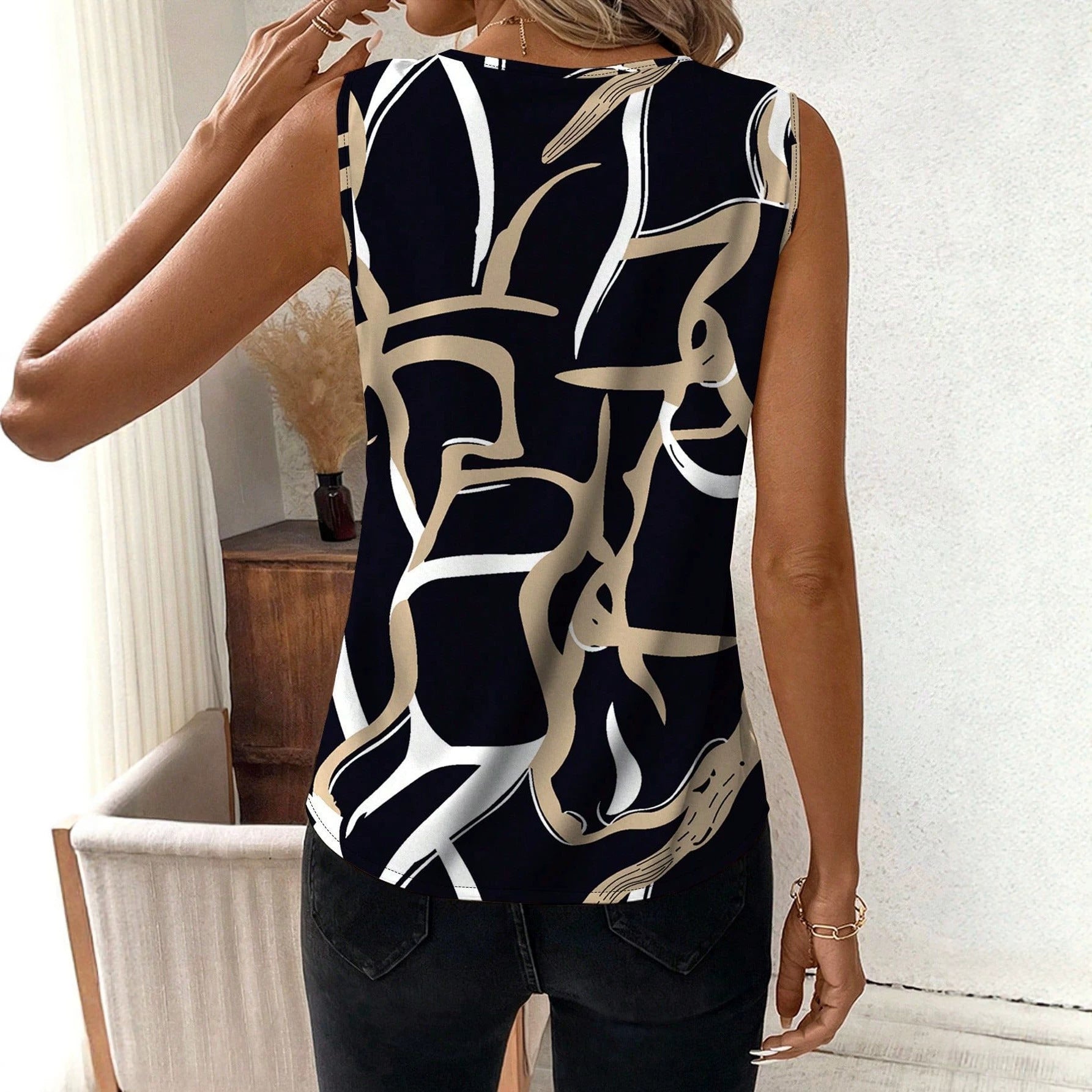 Damen Elegantes V-Ausschnitt Top mit R&Brnem grafischen Muster R&B