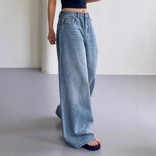 Damen Weite Jeanshose im lässigen Style mit hohem Bund und modischen Details R&B