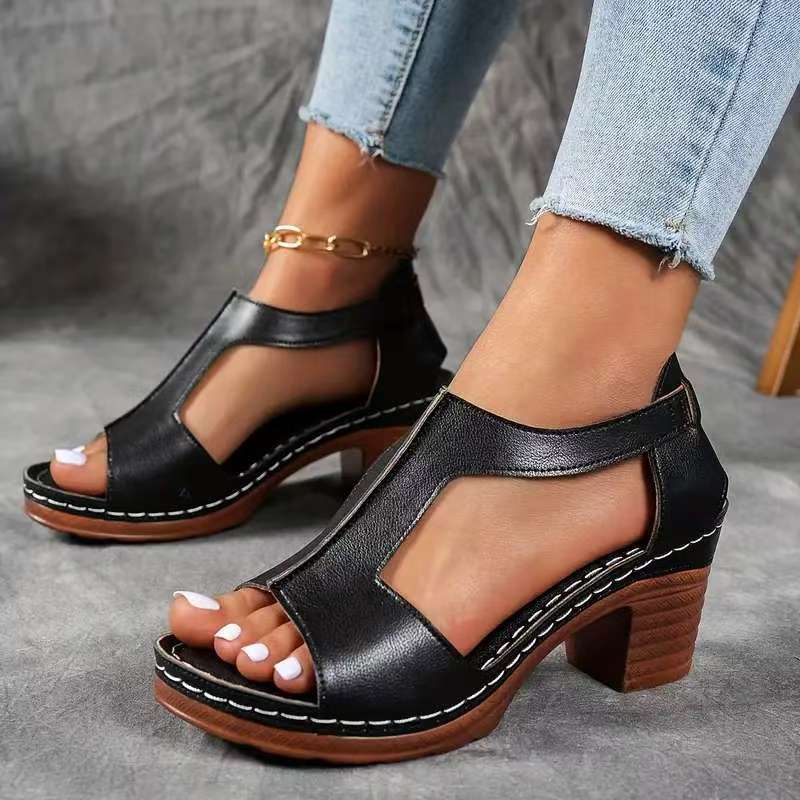 Damen Offene Blockabsatzsandalen mit seitlicher Schnalle R&B