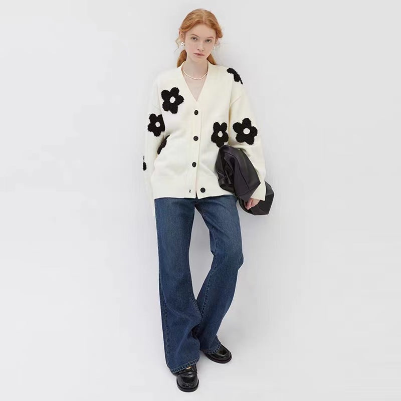 Damen Strickjacke mit floralem Motiv und Knopfleiste R&B