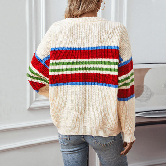 Damen lockerer Strickpullover mit buntem Blockstreifen und Rundhalsausschnitt R&B