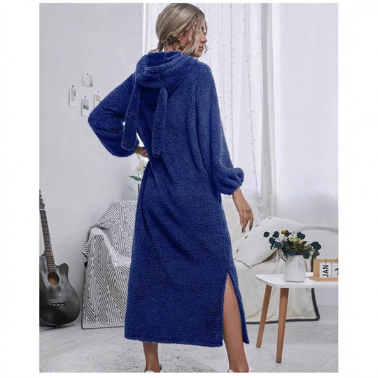 Damen Flauschiger Fleece-Hoodie-Kleid mit Ohren und seitlichen Schlitzen R&B