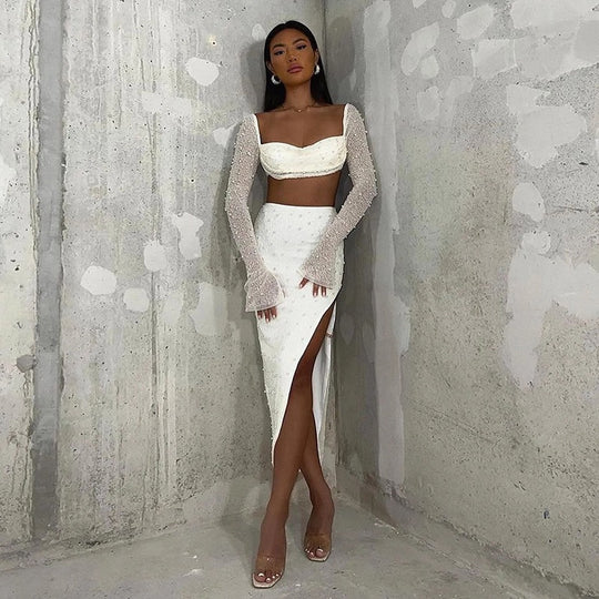 Damen Elegantes Crop-Top mit langen, transparenten Ärmeln und funkelnden Akzenten R&B
