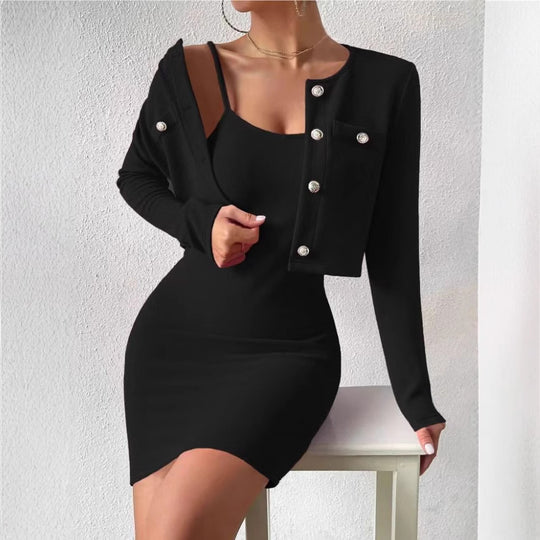 Damen elegantes Jumpsuit-Set mit taillierter Jacke und schimmernden Knöpfen R&B