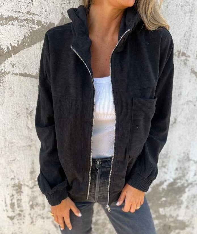 Damen lässige Cordjacke mit praktischen Taschen und elegantem Reißverschluss R&B